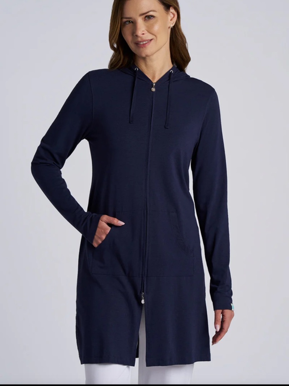 Coolibar Cabana Long Zip Up Hoodie Navy Blue S UPF 50+ Sun Protection